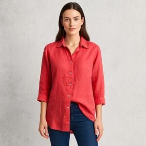 Chico’s 100% Linen Button Front Blouse Coral  3/4 Sleeve Relaxed Fit Size 1